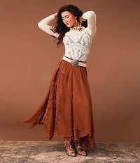 Textured Chiffon Lace Trim Midi Skirt