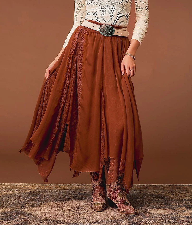 Textured Chiffon Lace Trim Midi Skirt