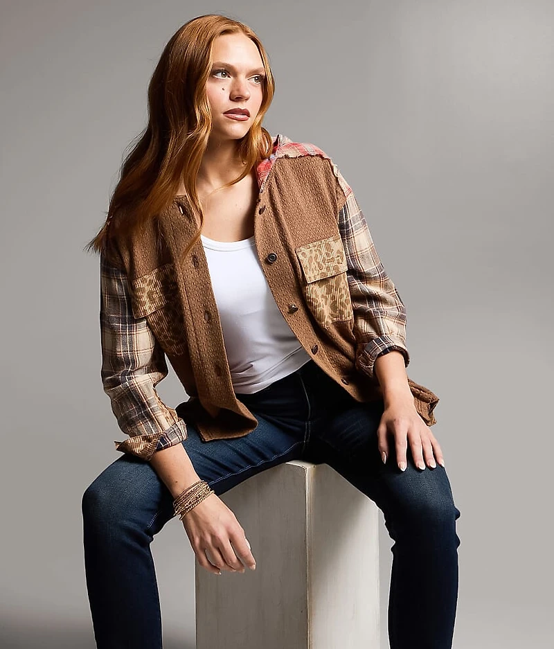 Pieced Plaid Hooded Shacket