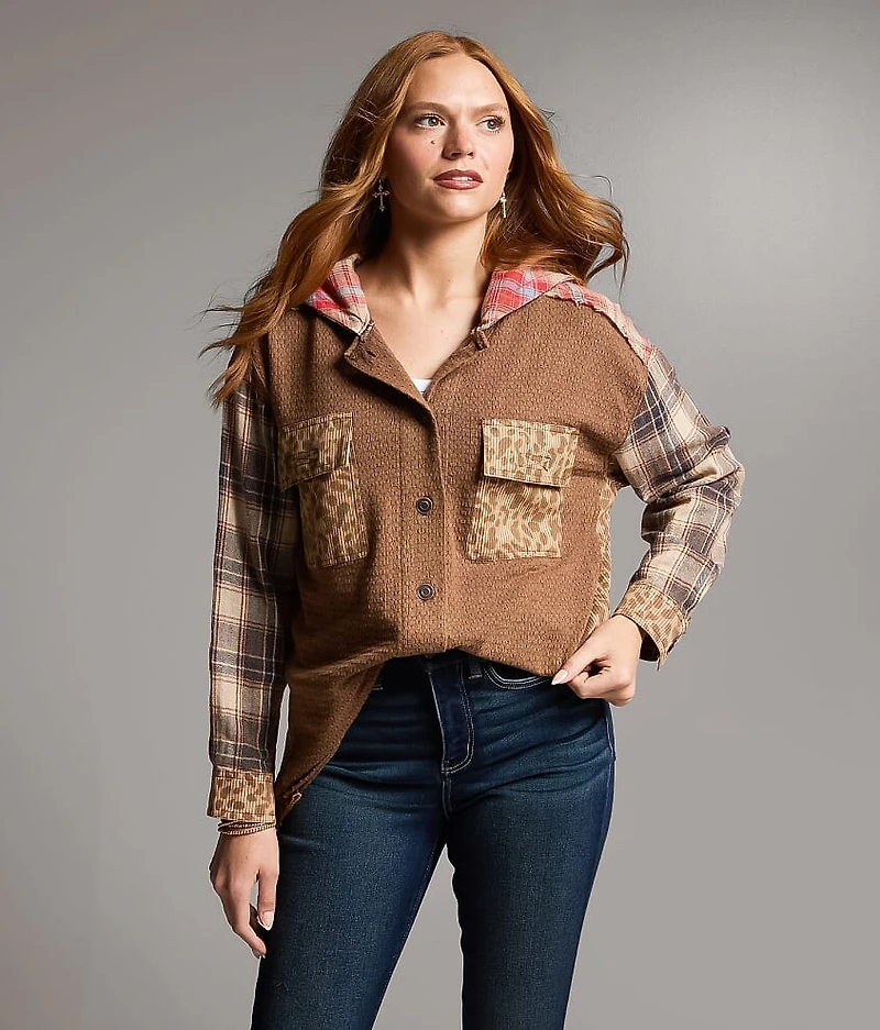 Pieced Plaid Hooded Shacket