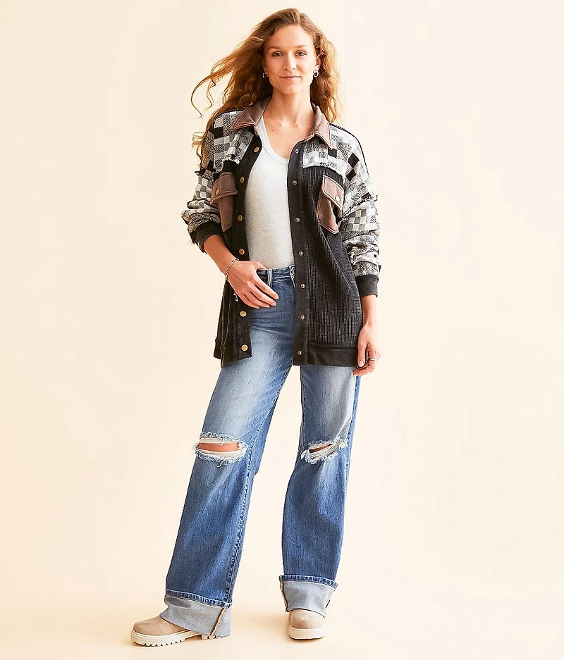 Pieced Waffle Knit Oversized Shacket