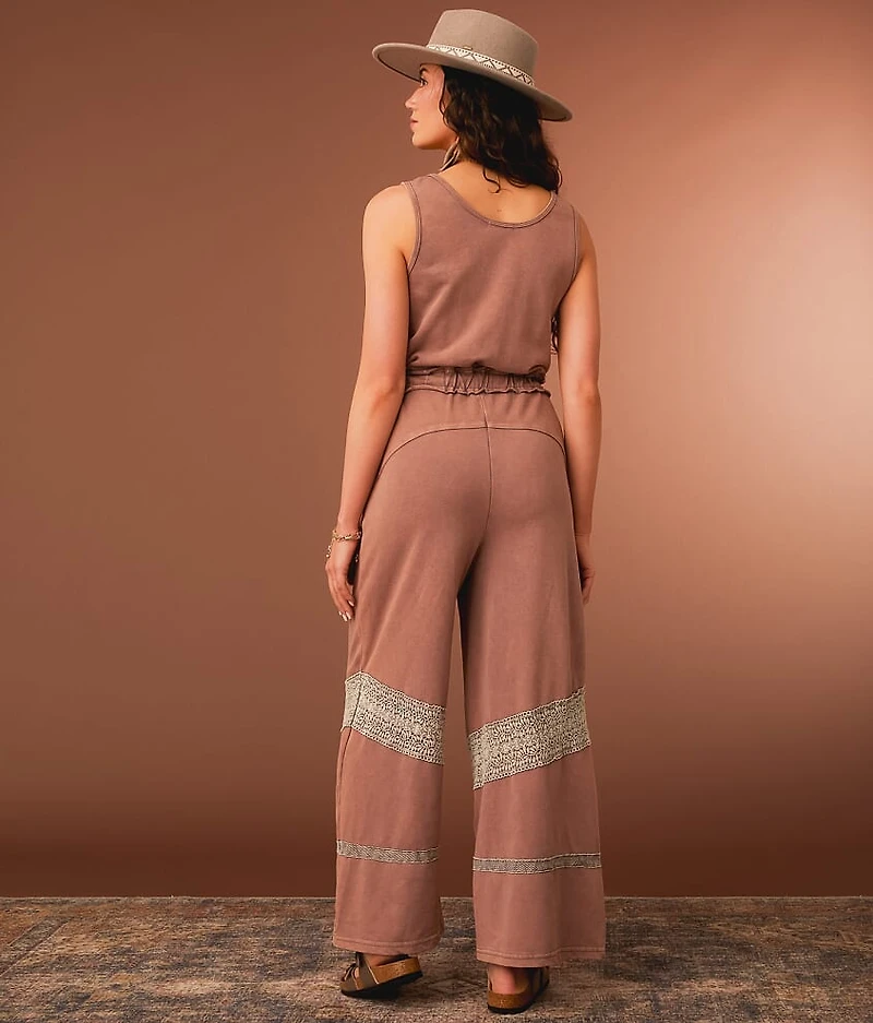 Washed Crochet Inset Wide Leg Jumpsuit