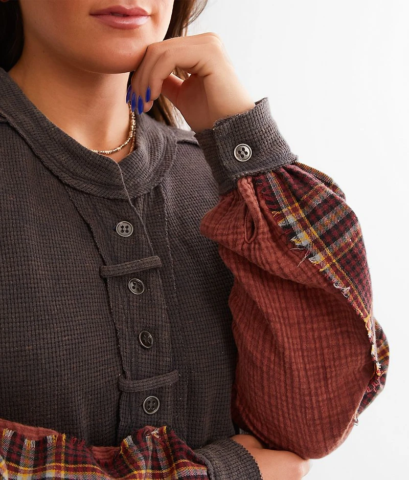 Pieced Plaid Thermal Henley