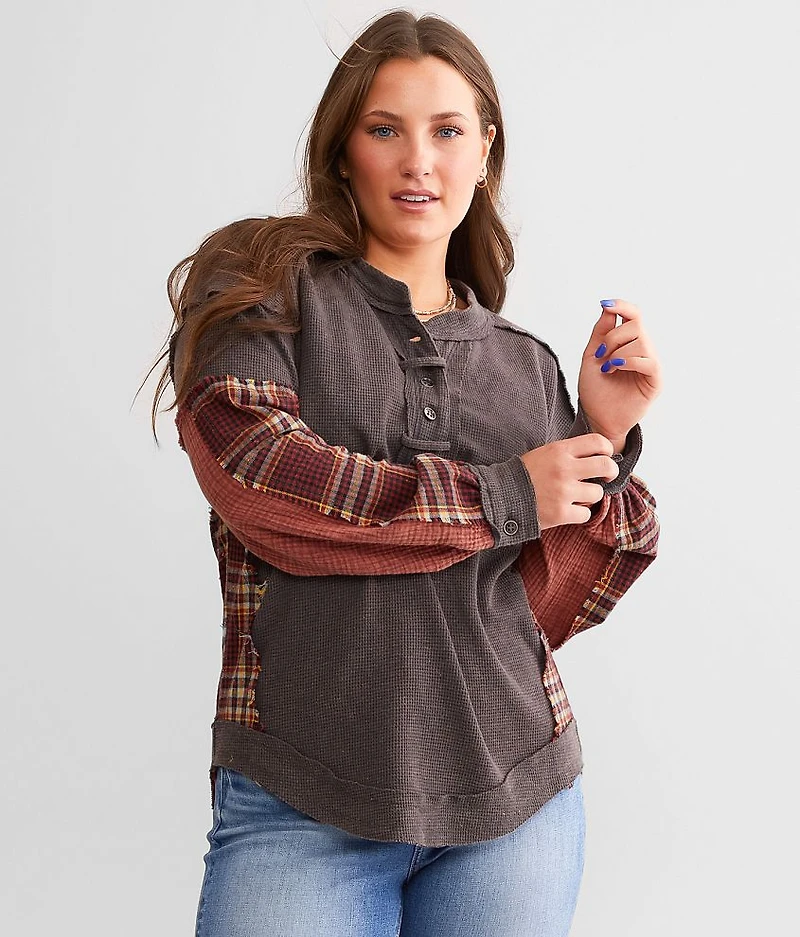 Pieced Plaid Thermal Henley
