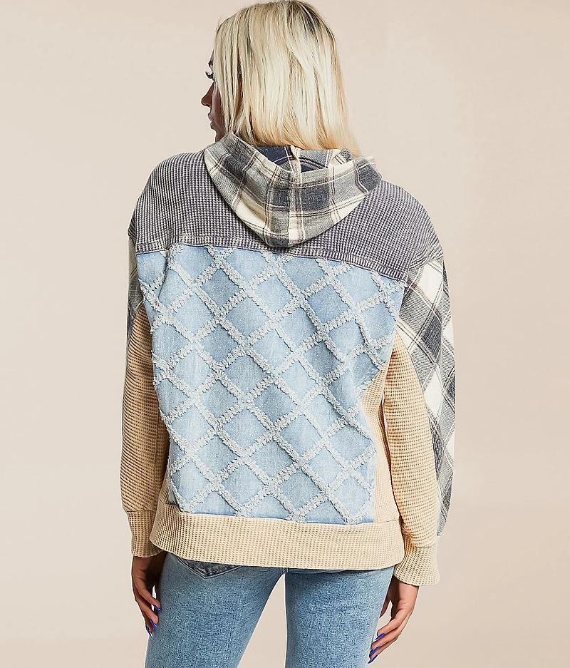 Pieced Plaid Hooded Henley Pullover