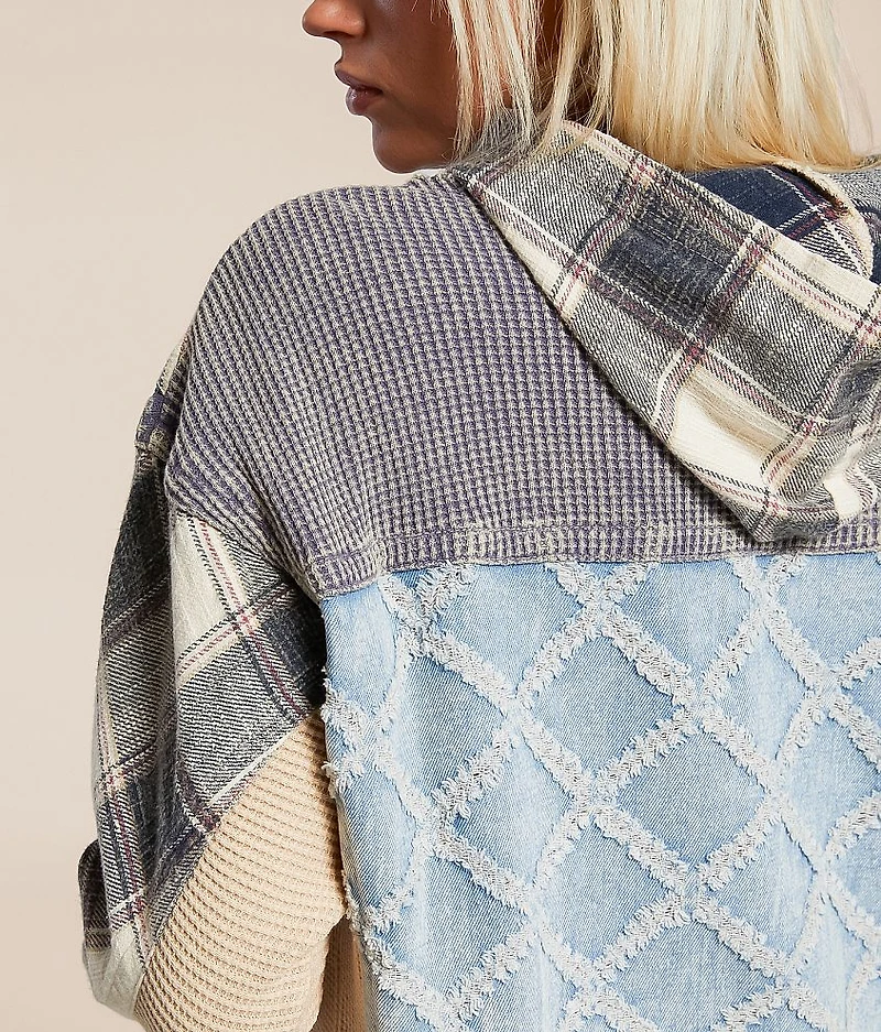 Pieced Plaid Hooded Henley Pullover