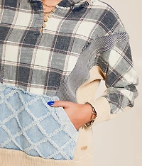 Pieced Plaid Hooded Henley Pullover