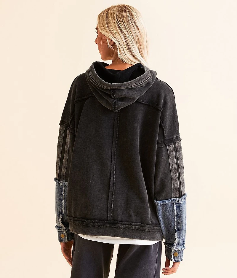 Pieced Denim Hooded Sweatshirt