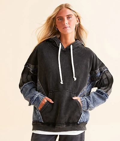 Pieced Denim Hooded Sweatshirt