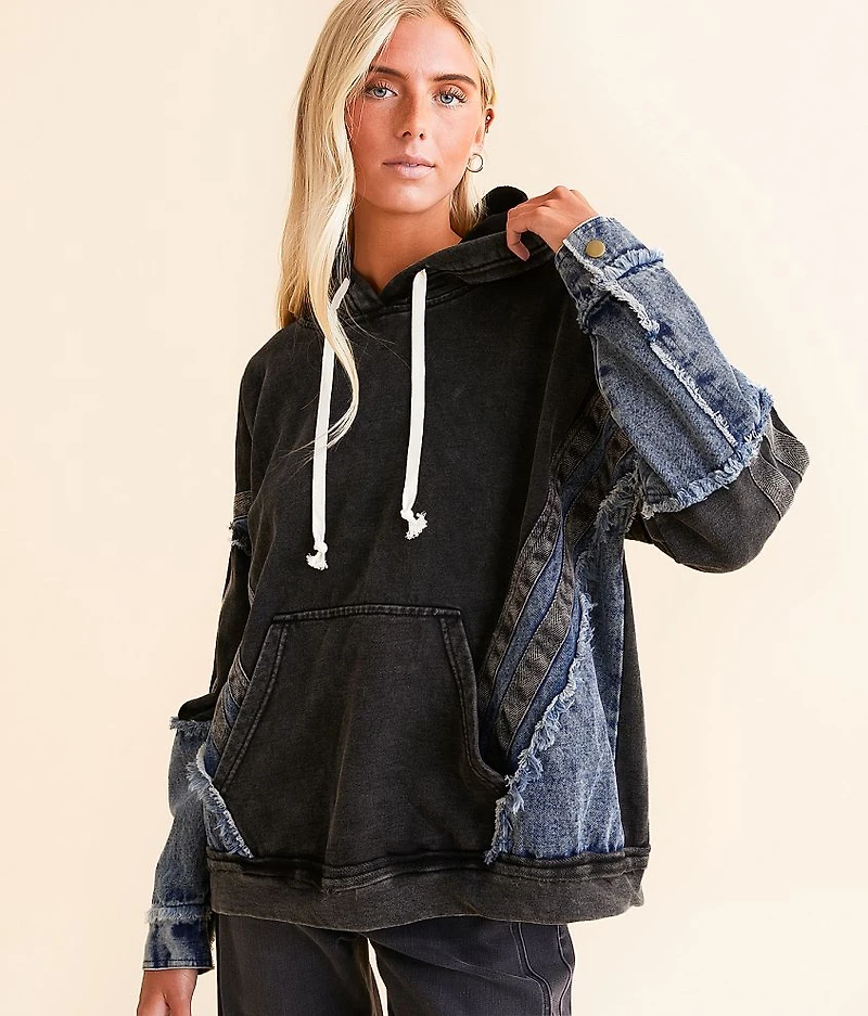Pieced Denim Hooded Sweatshirt