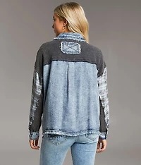 Pieced Plaid Frayed Shacket