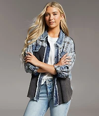 Pieced Plaid Frayed Shacket