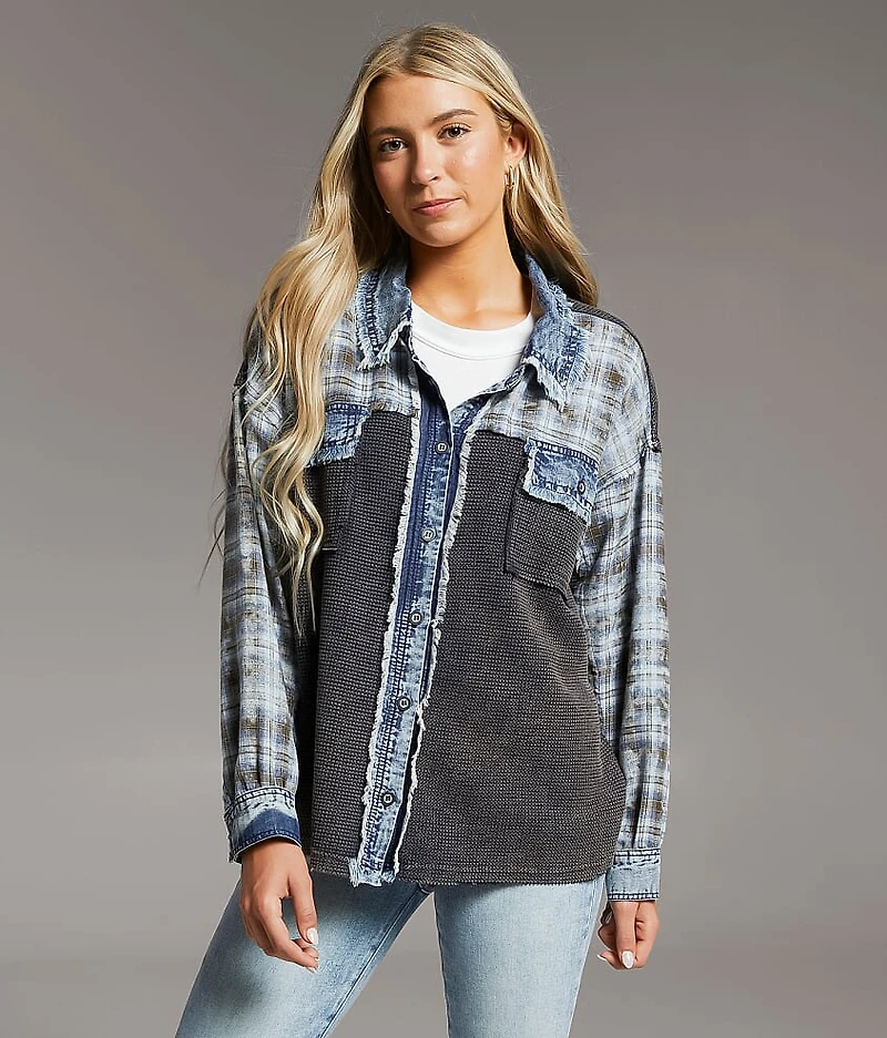 Pieced Plaid Frayed Shacket