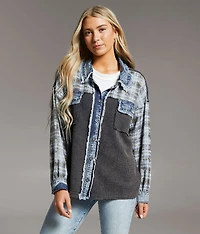 Pieced Plaid Frayed Shacket