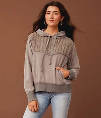 Pleated Eyelet Hooded Sweatshirt