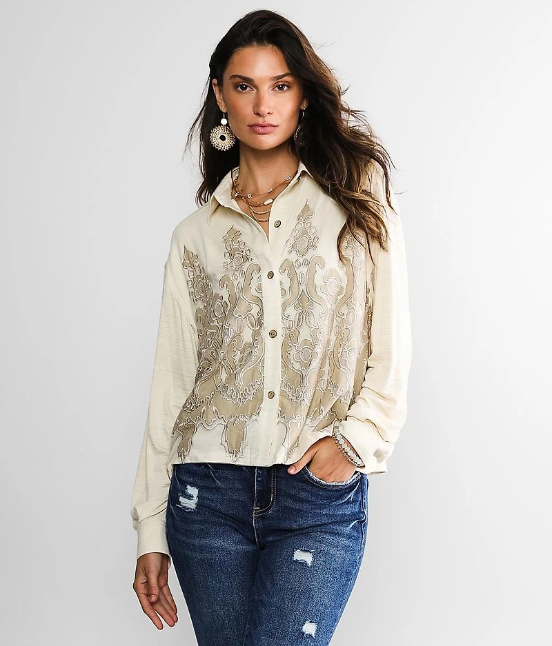 Embroidered Mesh Overlay Shirt