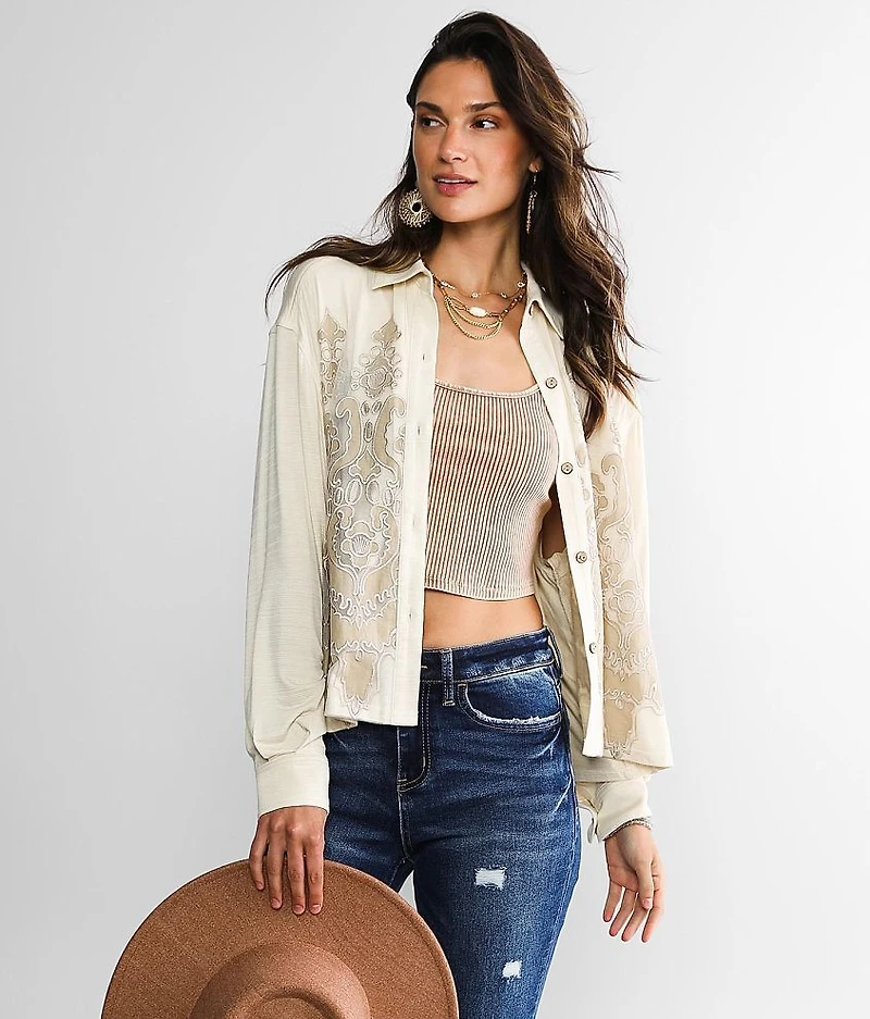 Embroidered Mesh Overlay Shirt