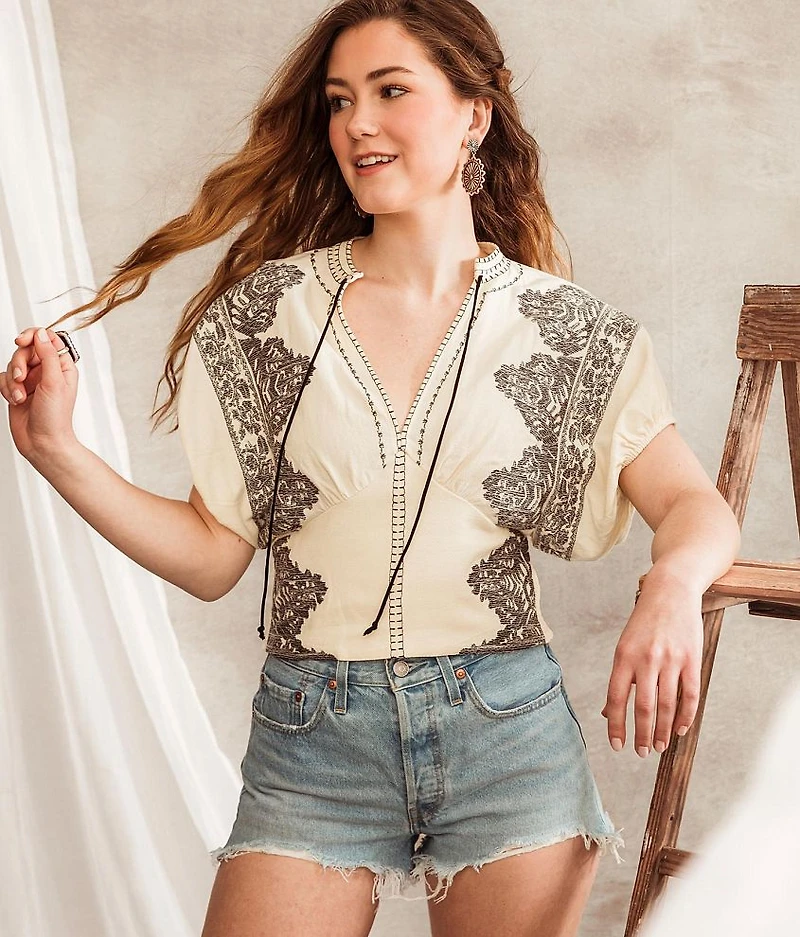 Embroidered Dolman Cropped Top