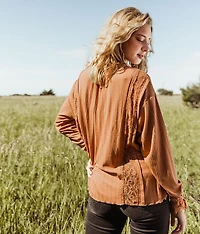 Pieced Lace Front Tie Blouse