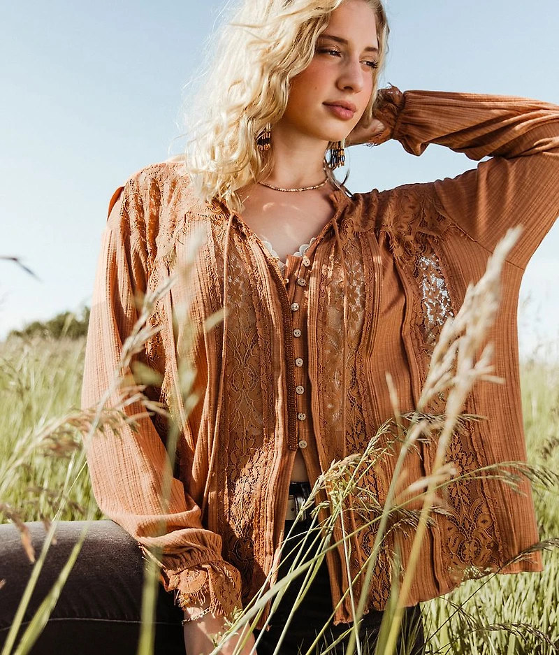 Pieced Lace Front Tie Blouse