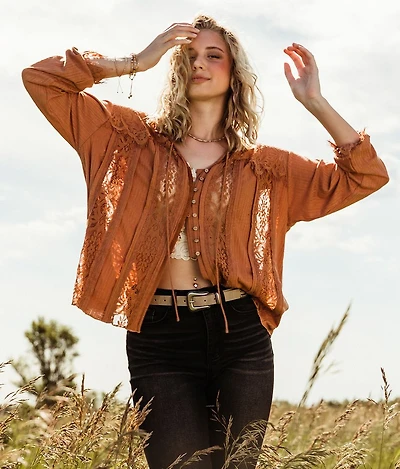 Pieced Lace Front Tie Blouse