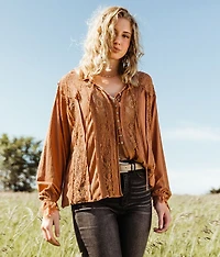 Pieced Lace Front Tie Blouse