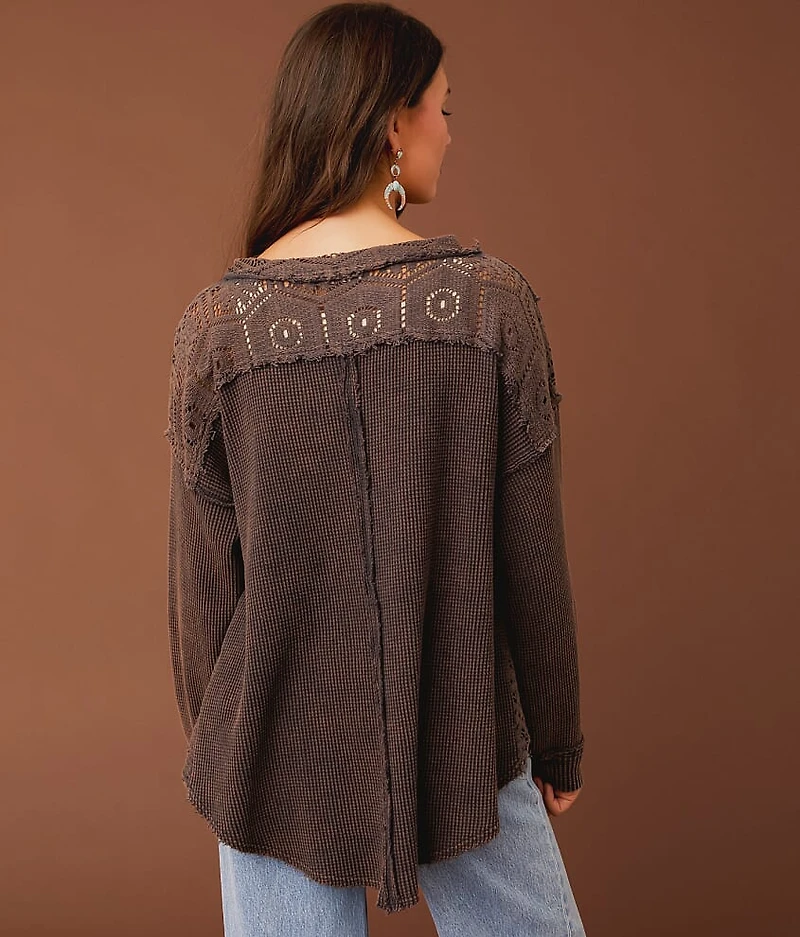 Washed Waffle Lace-Up Top