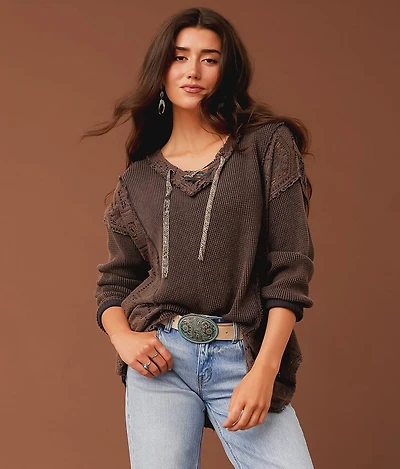 Washed Waffle Lace-Up Top