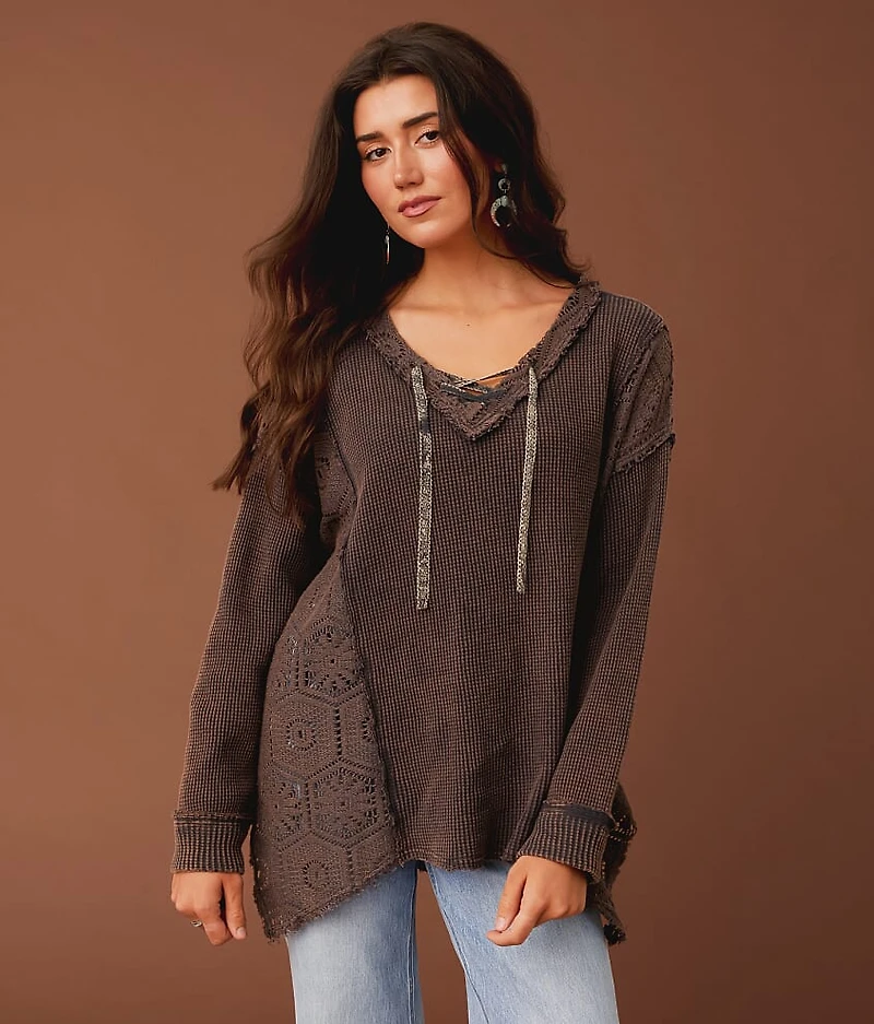 Washed Waffle Lace-Up Top