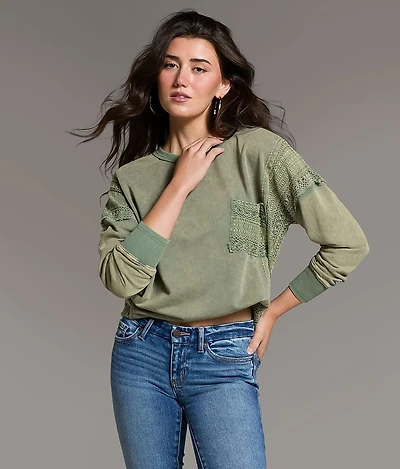 Pieced Crochet Washed Pullover
