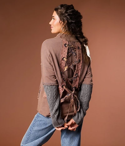 Mixed Media Washed Henley Pullover