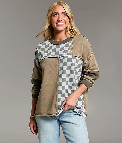 Checkered Color Block Oversized Pullover