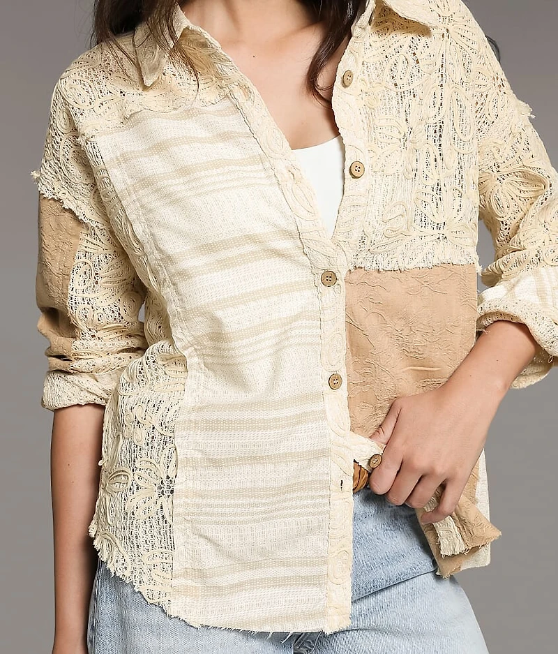 Pieced Floral Crochet Shirt