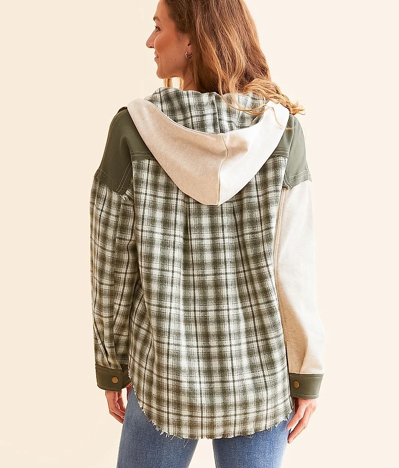 Pieced Plaid Hooded Shacket