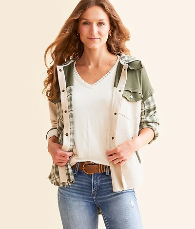 Pieced Plaid Hooded Shacket