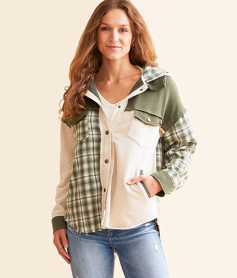 Pieced Plaid Hooded Shacket
