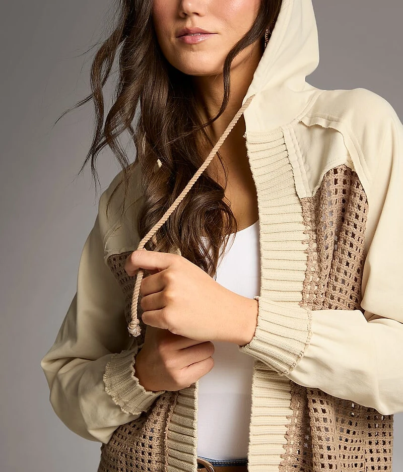 Pieced Crochet Hooded Cardigan