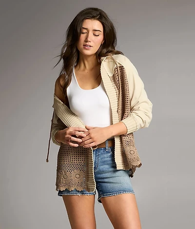 Pieced Crochet Hooded Cardigan