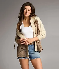 Pieced Crochet Hooded Cardigan