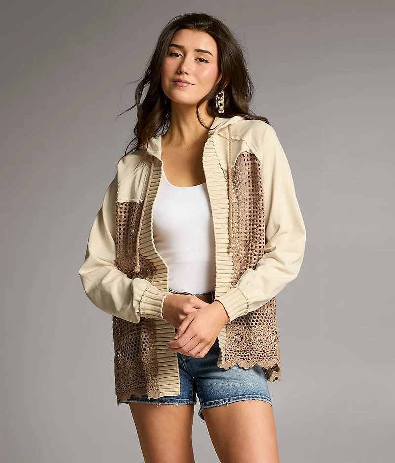 Pieced Crochet Hooded Cardigan