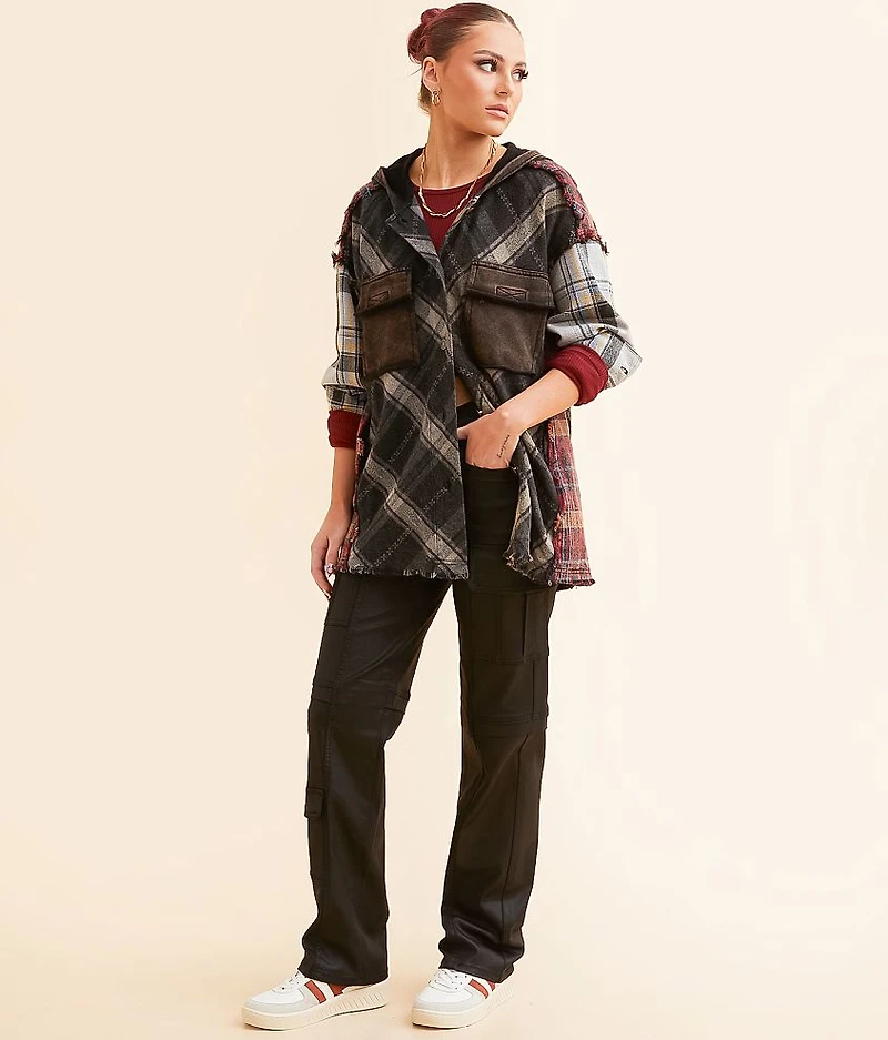 Pieced Plaid Boyfriend Hooded Shacket