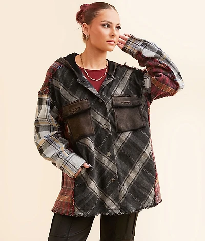 Pieced Plaid Boyfriend Hooded Shacket