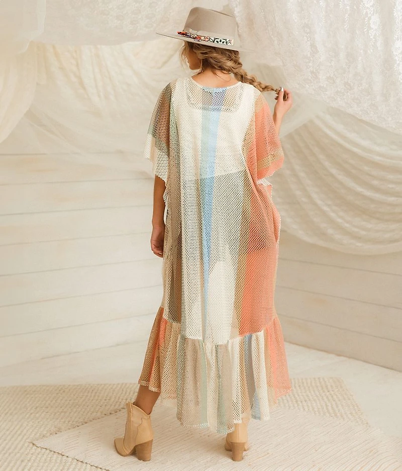 Striped Ruffle Maxi Kimono - One Size