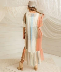 Striped Ruffle Maxi Kimono - One Size