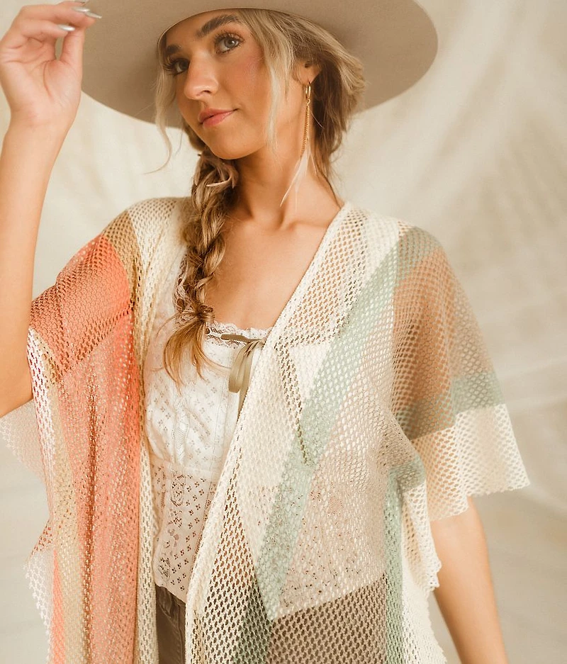 Striped Ruffle Maxi Kimono - One Size