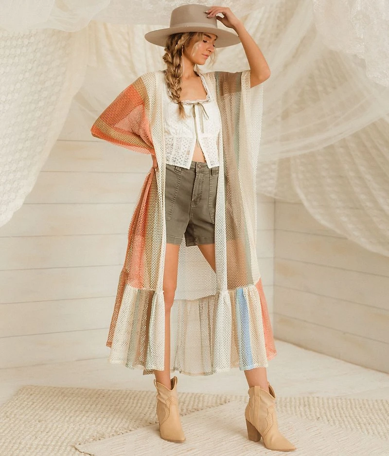 Striped Ruffle Maxi Kimono - One Size