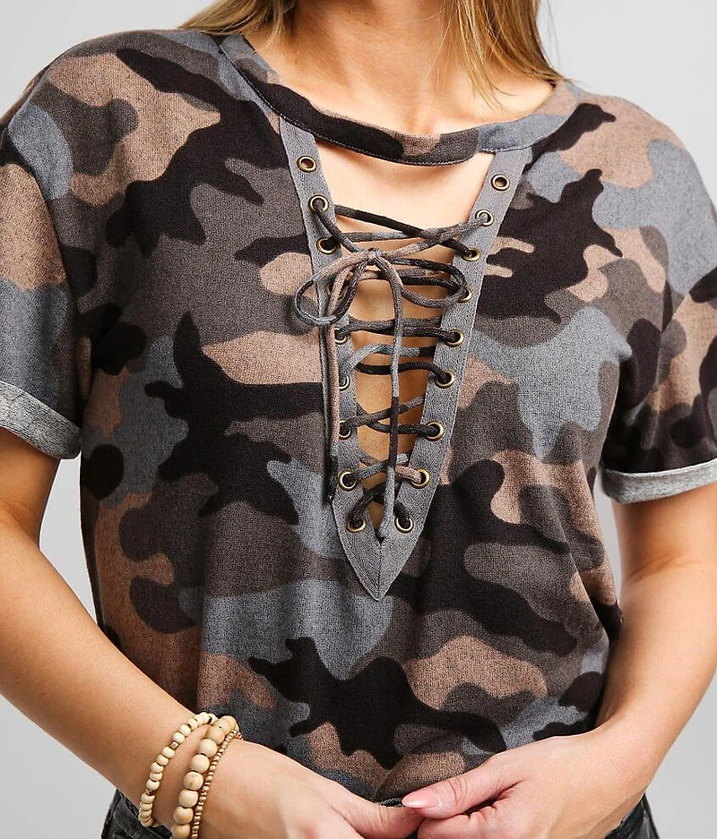 Camo Lace-Up Cut-Out T-Shirt