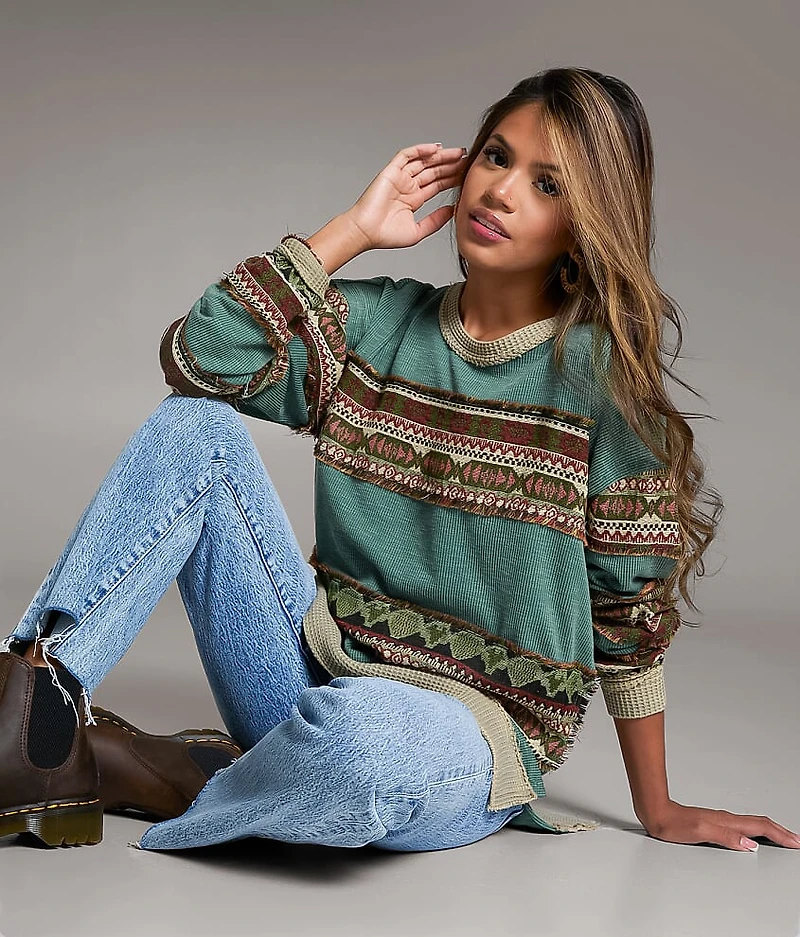 Jacquard Applique Fringe Oversized Top