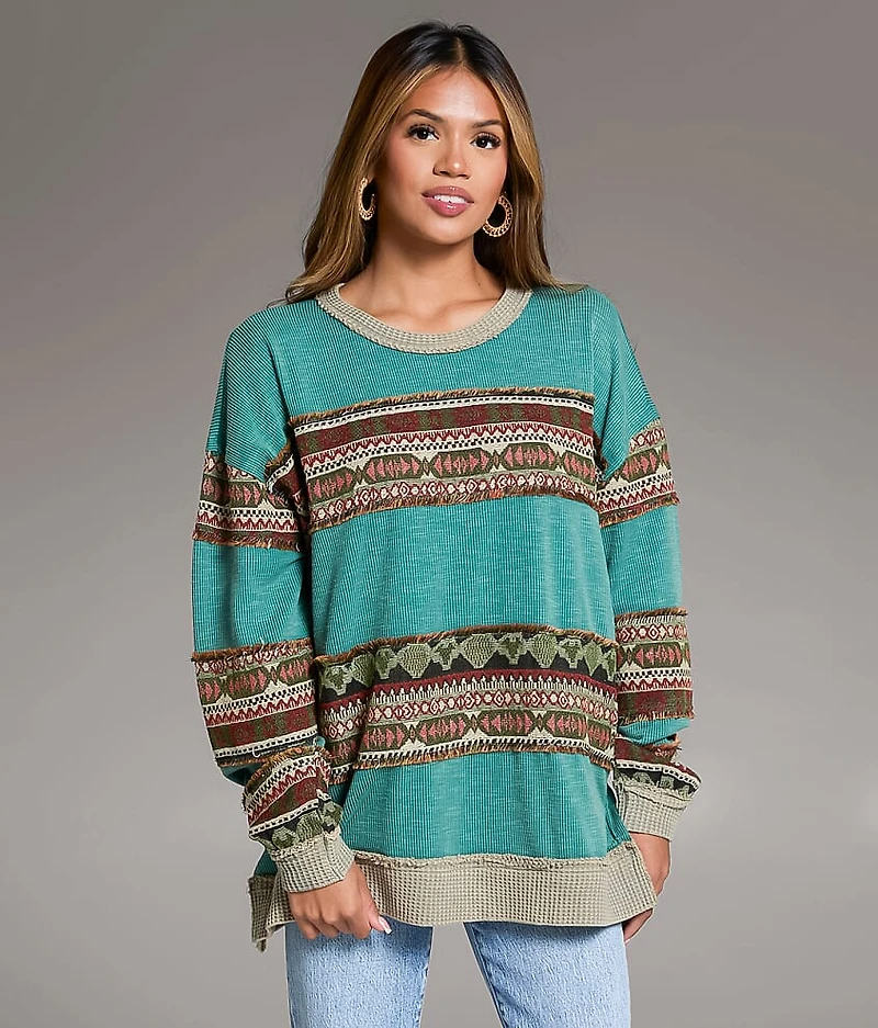 Jacquard Applique Fringe Oversized Top