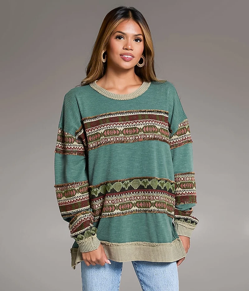 Jacquard Applique Fringe Oversized Top